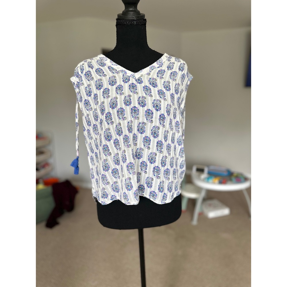 Anthropologie Blue Floral Tassel Tie Shoulder Metallic Stripe Blouse XS - Picture 7 of 9